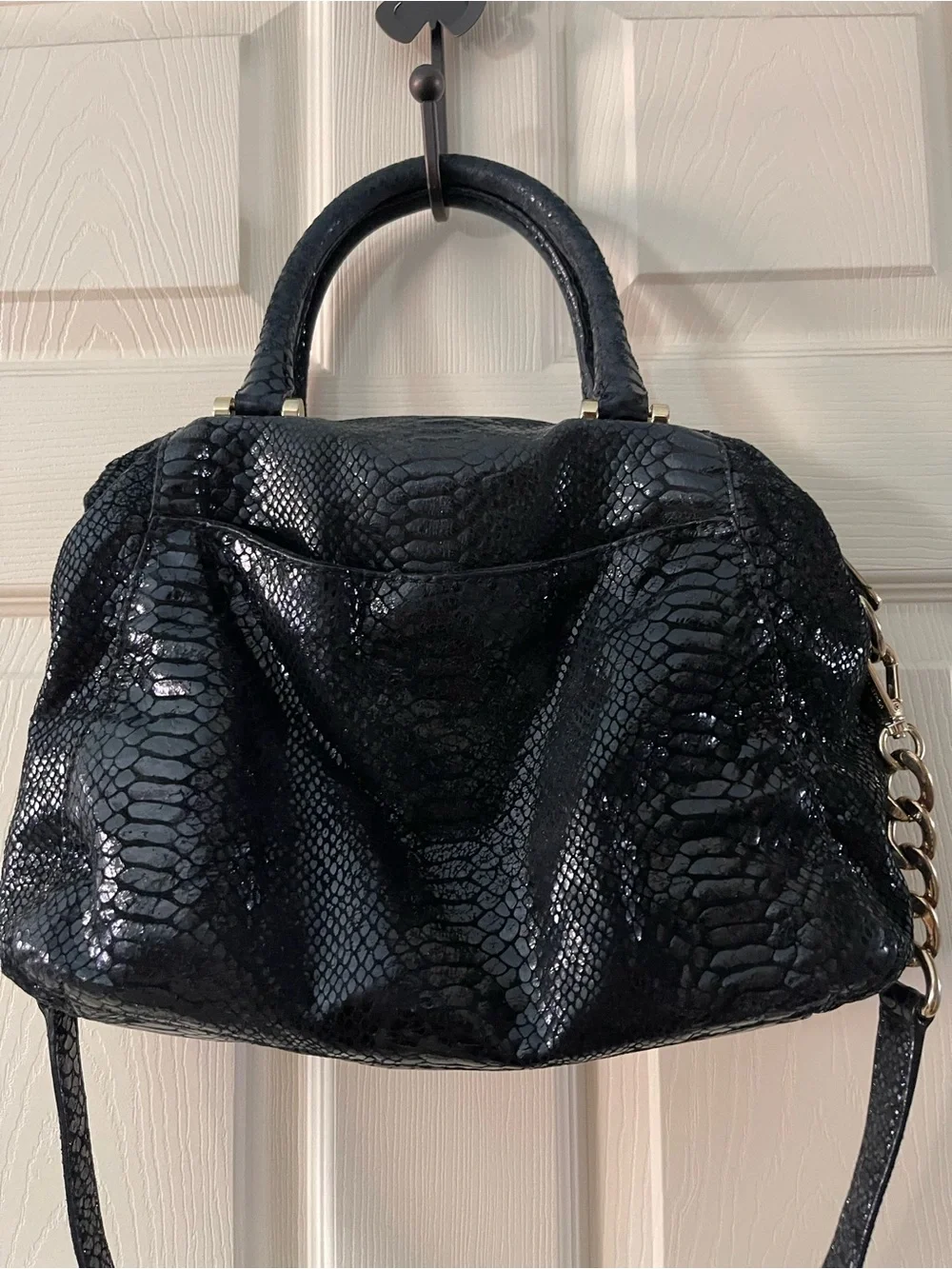 Michael Kors Black Python Embossed Satchel with Gold Hardware